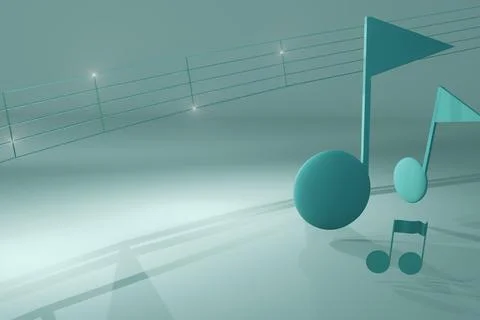 3d render of music notes and staff with shining highlights on a pastel blue.. Illustrazione stock