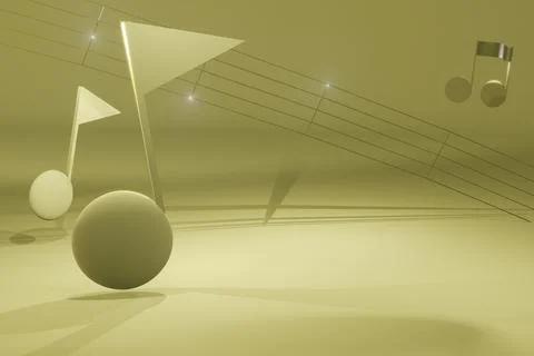 3d render of music notes and staff with shining highlights on a pastel yell.. Illustrazione stock