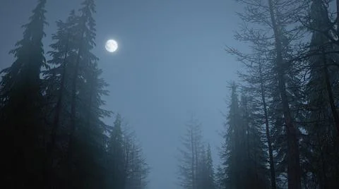 3d render of mystical forest at night in fog with moon in the sky Illustrazione stock