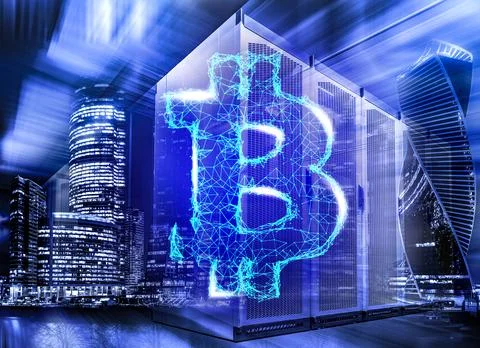 3D render n Bitcoin Digital Cryptocurrency Over Developed City. Mining In Stock Illustration