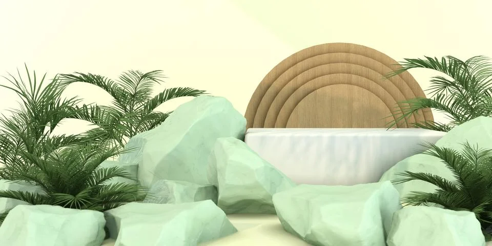 3D render for nature beige background on wood and white podium with premium.. 库存照片