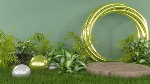 3D render for nature leaf with gold twist circle background on real wood po.. Stock Illustration