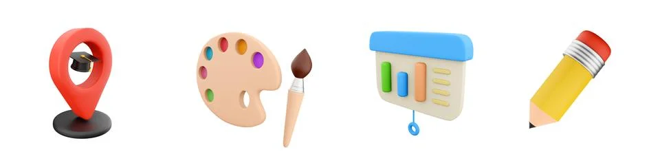 3d render navigation, art palette, diagram, pencil icon set on white background Stock-Illustration