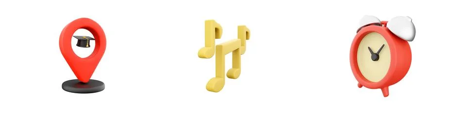 3d render navigation, music notes, alarm clock icon set on white background. 3d Stock Illustration