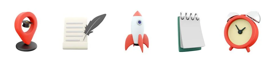 3d render navigation, paper roll, notebook, alarm clock icon set on white Stock Illustration