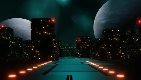 3d render of neon and light glowing on dark scene. Cyber punk night city co.. Stockillustratie