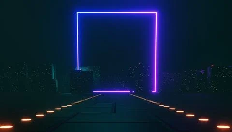 3d render of neon and light glowing on dark scene. Cyber punk night city co.. Stockillustratie