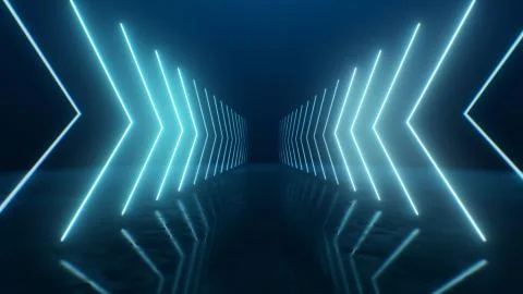 3d render Neon arrows going into perspective Illustrazione stock
