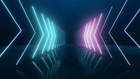 3d render Neon arrows going into perspective Illustrazione stock