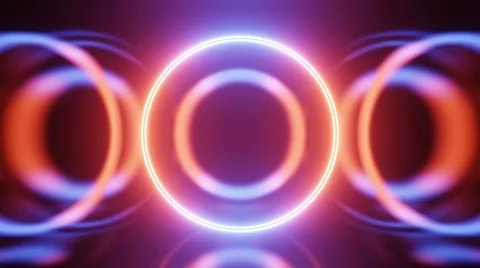 3D render neon circle. Blue and red neon circles abstract futuristic hi-tech  イラスト素材