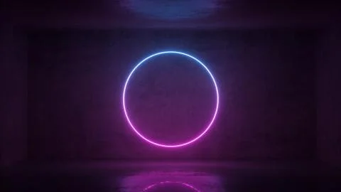 3d render of neon circle frame on background in the room. Banner design. Retr 스톡 일러스트