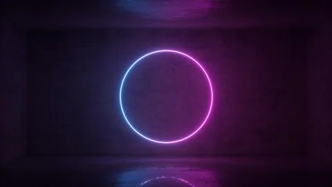 3d render of neon circle frame on background in the room. Banner design Illustrazione stock