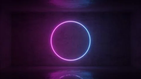 3d render of neon circle frame on background in the room. Banner design Illustrazione stock