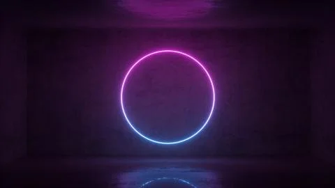 3d render of neon circle frame on background in the room. Banner design Stock Illustration