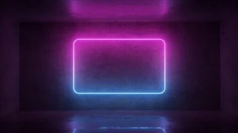 3d render of neon frame on background in the room. Banner design. Retrowave,  Illustrazione stock