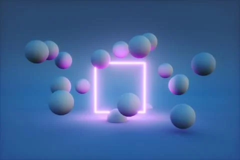 3d render of neon frame with balls around it. modern technology concept Stock Illustration