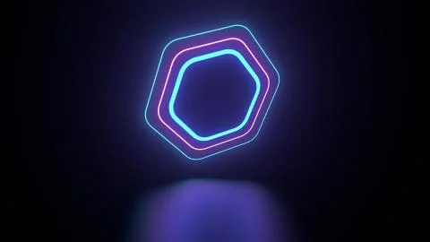 3d render of neon gemetry above reflection floor. Glow neon objects. Illustrazione stock