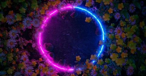 3d render. Neon hoop or circle in the wildflowers. Nature in vibrant neon col Stock Illustration