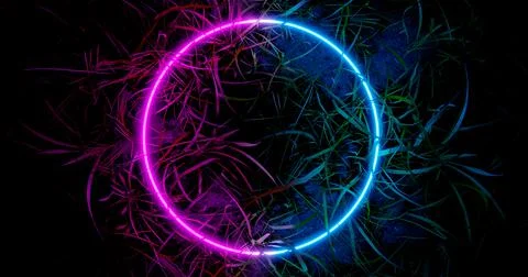 3d render. Neon hoop or circle in the thickets of grass. Nature in vibrant ne Stock Illustration