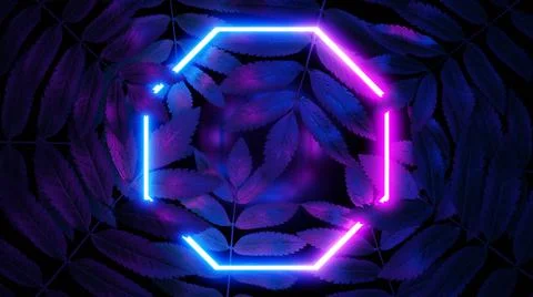 3D render. Neon polygon or rhombus in tropical leaves. Nature in bright neon Stock Illustration