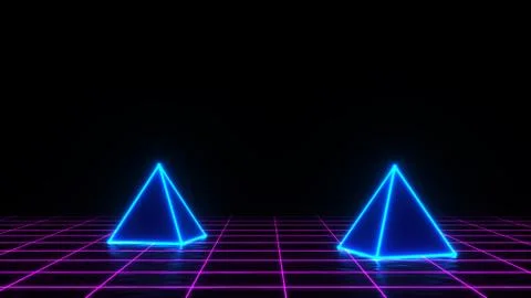 3d render of neon pyramid on grid background. Banner design. Retrowave, synth 스톡 일러스트