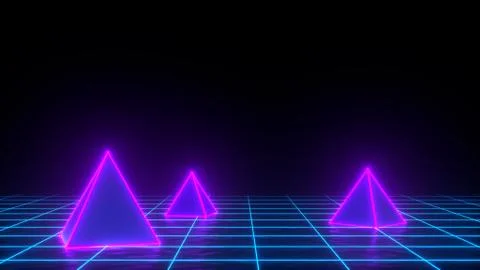 3d render of neon pyramid on grid background. Banner design. Retrowave, synth Stock Illustration
