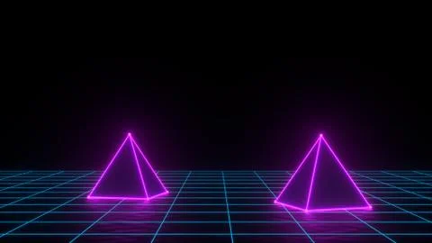3d render of neon pyramid on grid background. Banner design. Retrowave Stock Illustration