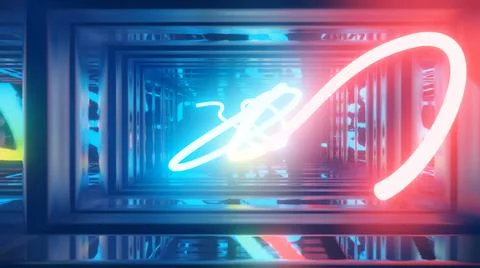 3d render. Neon ray flies in mirror room reflected in numerous mirrors. Abstract Stock Illustration