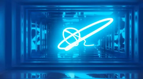 3d render. Neon ray flies in mirror room reflected in numerous mirrors. Abstract Illustrazione stock