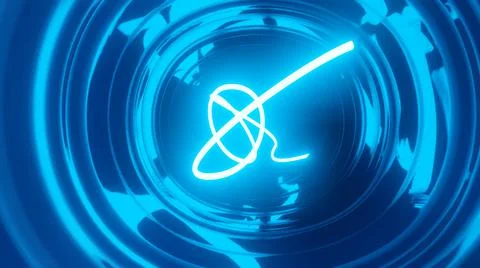 3d render. Neon ray flies in mirror room reflected in numerous mirrors. Abstract Illustrazione stock