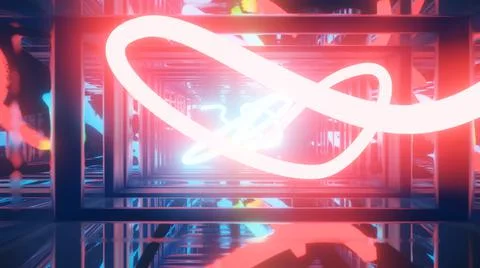 3d render. Neon ray flies in mirror room reflected in numerous mirrors. Abstract Stock Illustration