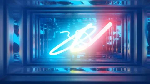 3d render. Neon ray flies in mirror room reflected in numerous mirrors. Abstract Illustrazione stock