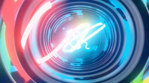 3d render. Neon ray flies in mirror room reflected in numerous mirrors. Abstract Illustrazione stock