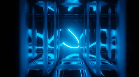 3d render. Neon ray flies in mirror room reflected in numerous mirrors. Abstract Stock Illustration