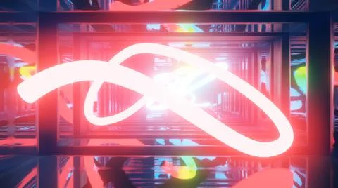 3d render. Neon ray flies in mirror room reflected in numerous mirrors. Abstract Stock Illustration