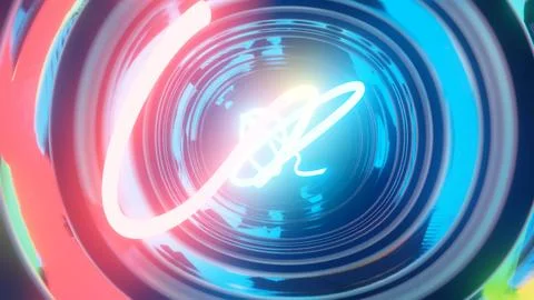 3d render. Neon ray flies in mirror room reflected in numerous mirrors. Abstract Illustrazione stock