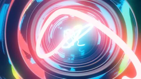 3d render. Neon ray flies in mirror room reflected in numerous mirrors. Abstract Stock Illustration