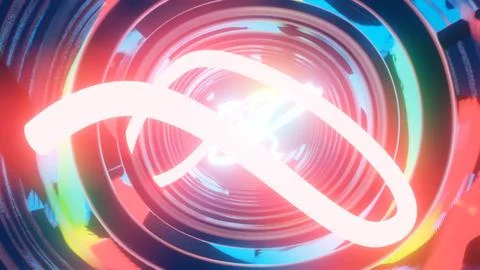 3d render. Neon ray flies in mirror room reflected in numerous mirrors. Abstract Illustrazione stock