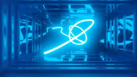 3d render. Neon ray flies in mirror room reflected in numerous mirrors. Abstract Stock Illustration