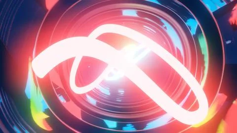 3d render. Neon ray flies in mirror room reflected in numerous mirrors. Abstract Stock Illustration