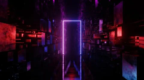 3D render. A neon rectangle flying along the sci-fi corridor. Futuristic illu Foto stock