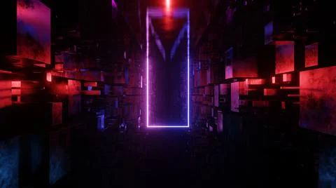3D render. A neon rectangle flying along the sci-fi corridor. Futuristic illu Foto stock