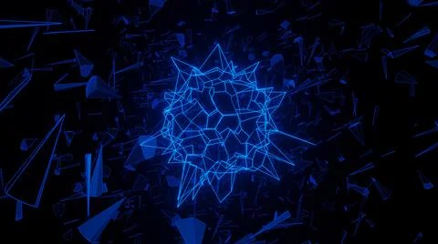 3D render neon sphere of blue light flies through abstract spikes. Composite  Stock Illustration