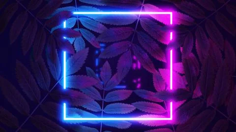 3D render. Neon square in tropical leaves. Nature in bright neon colors. Stock Illustration