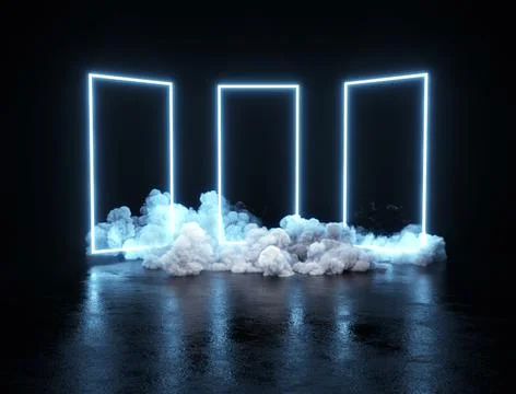 3D Render neon window smoke studio 스톡 일러스트