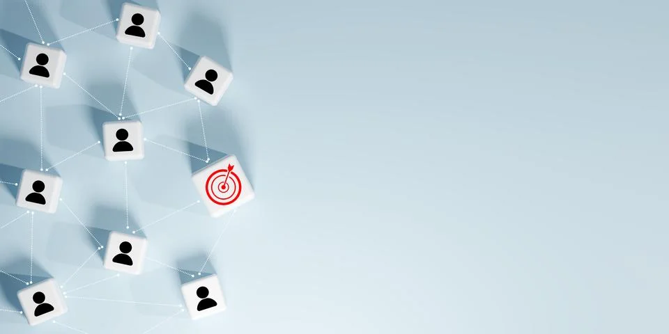 3D render of a network of interconnected white cubes with black person icon.. Stock Photos