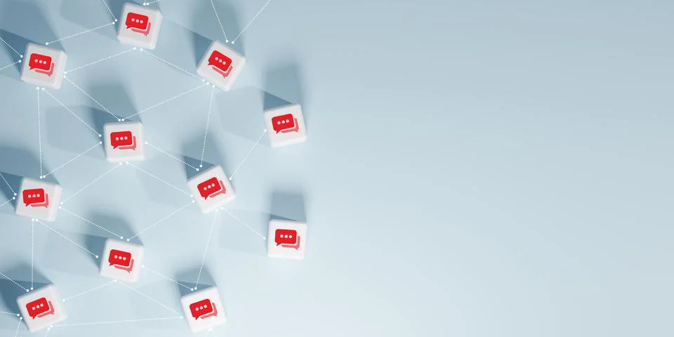 3D render of a network of interconnected white cubes with red chat bubble i.. Stock Photos