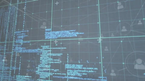 3D render network interface displaying code snippets, user icons, gridlines and Stock Footage 307857885
