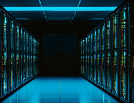 3D render of a network server room exchanging cyber data and internet connection Stock Illustration