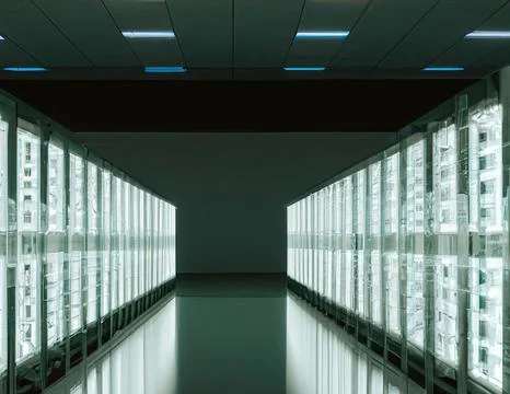 3D render of a network server room exchanging cyber data and internet connection Stock Illustration